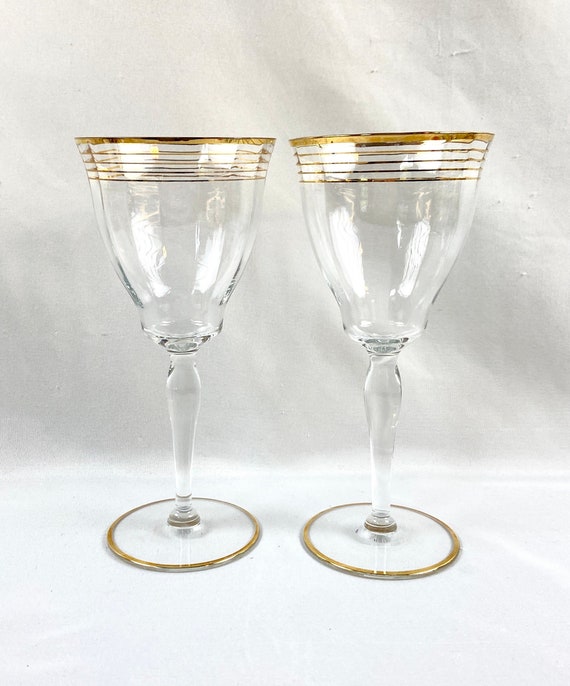 Vintage Tall Wine Glasses Bell Shape Thin Gold Stripe Set of 2 