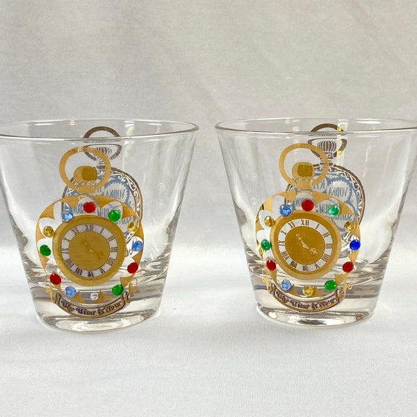 Vintage Culver The Works Jeweled On the Rocks Copa de cóctel Reloj de oro de mediados de siglo