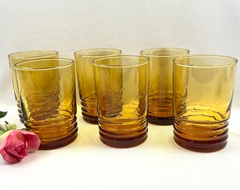 Vintage Amber Stacked Ring Ribbed Base Swirl Short Tumblers Mid Century Drinking Glasses - set of 6