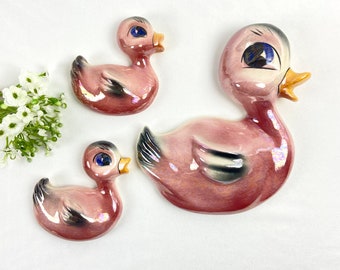 Vintage Ceramicraft Duck Mid Century Chalkware Wall Hanging Decor Pink - 3 pieces