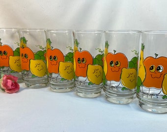 Vintage Tumblers Nancy Lynn Funny Face Fruit Drinking Glasses - set of 6