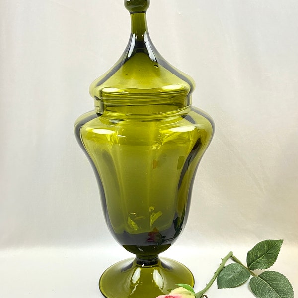 Vintage Empoli Style Decorative Covered Apothecary Jar Avocado Green Glass made in Italy