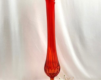 Vintage Fenton 15” Glass Amberina Hexagon Persimmon Swung Glass Vase Orange MCM