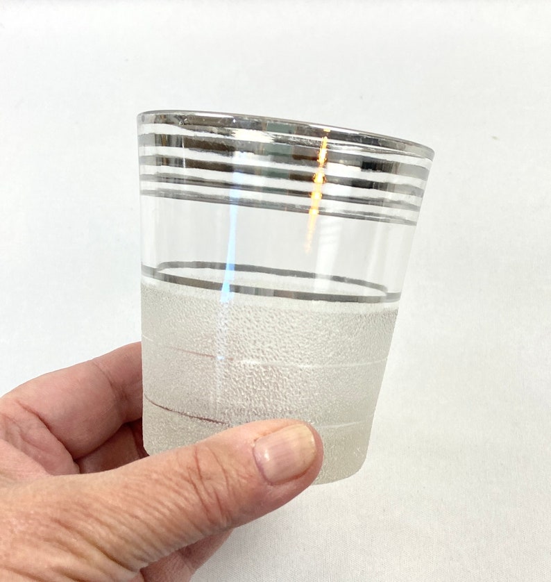 Vintage Frost Nip Gold Stripe White Frosted on the Rocks Cocktail Glasses and Pitcher Mid