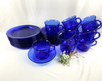 Vintage Arcoroc France Cobalt Blue Luncheon Plates and Coffee Tea Cups and Saucers