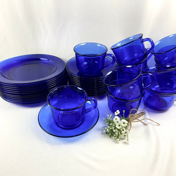 Vintage Arcoroc France Cobalt Blue Luncheon Plates and Coffee Tea Cups and Saucers - sets of 4