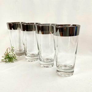 Vintage Dorothy Thorpe Style Highball Tumbler Cocktail Glasses Silver Band Flare - Set of 4