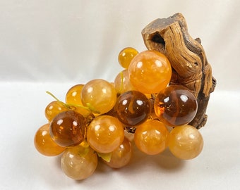 Vintage 9” Lucite Driftwood Grape Cluster Amber Orange Gold