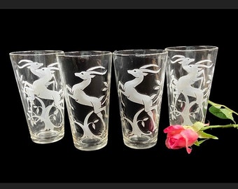 Vintage White Leaping Gazelle Tumblers Federal Glass - set of 4