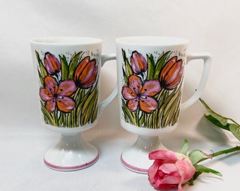 Vintage Footed Mid Century Mugs Pink Spring Floral Tulips - set of 2