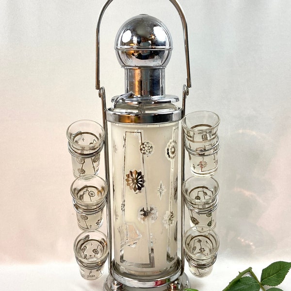 Vintage Mid Century Snowflake Silver Chrome Pump Decanter and Shot Glasses