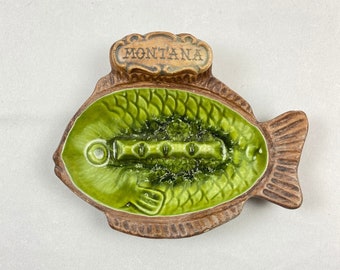 Vintage Treasure Craft Montana Fish Ashtray Green Drip Glaze