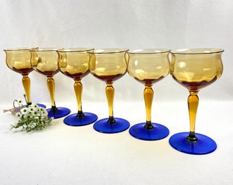 Vintage Cordial Small Wine Glasses Amber Gold with Cobalt Blue Stem Crystal Weston - set of 6