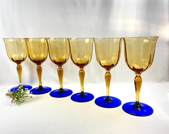 Vintage Wine Glasses Amber Gold with Cobalt Blue Stem Crystal Weston - set of 6