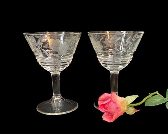 Vintage Floral Etched Short Wine Glass Pressed Glass  - set of 2