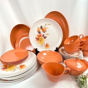 Vintage Oneida Melamine Dinnerware Set Orange Autumn Leaves - 34 pieces