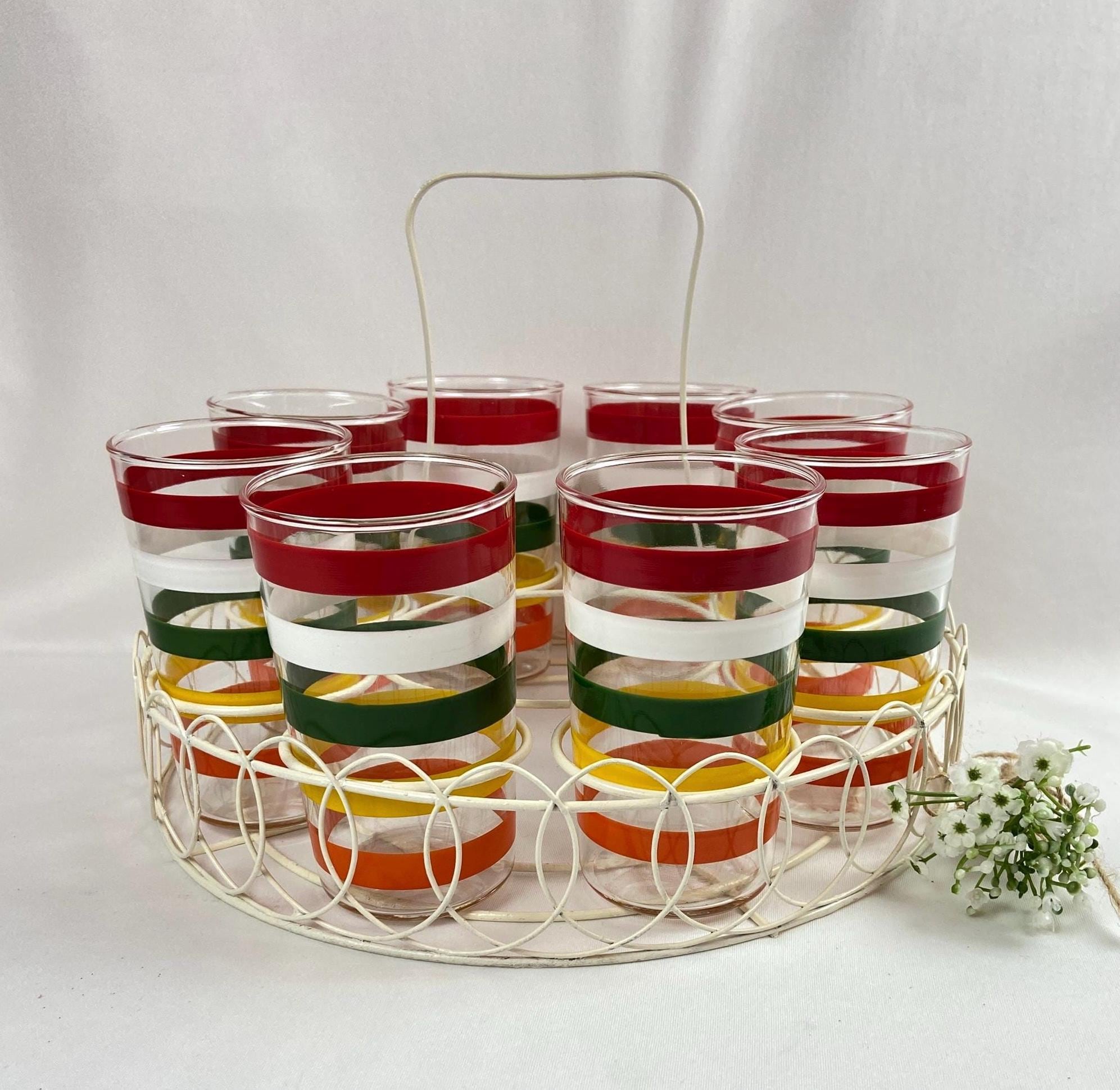 Vintage Mid Century Fiesta Multicolor Bright Stripe Tumblers in Carrier