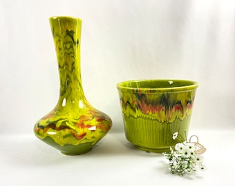 Vintage MCM Drip Glaze Lime Green Vase or Pot - sold separately