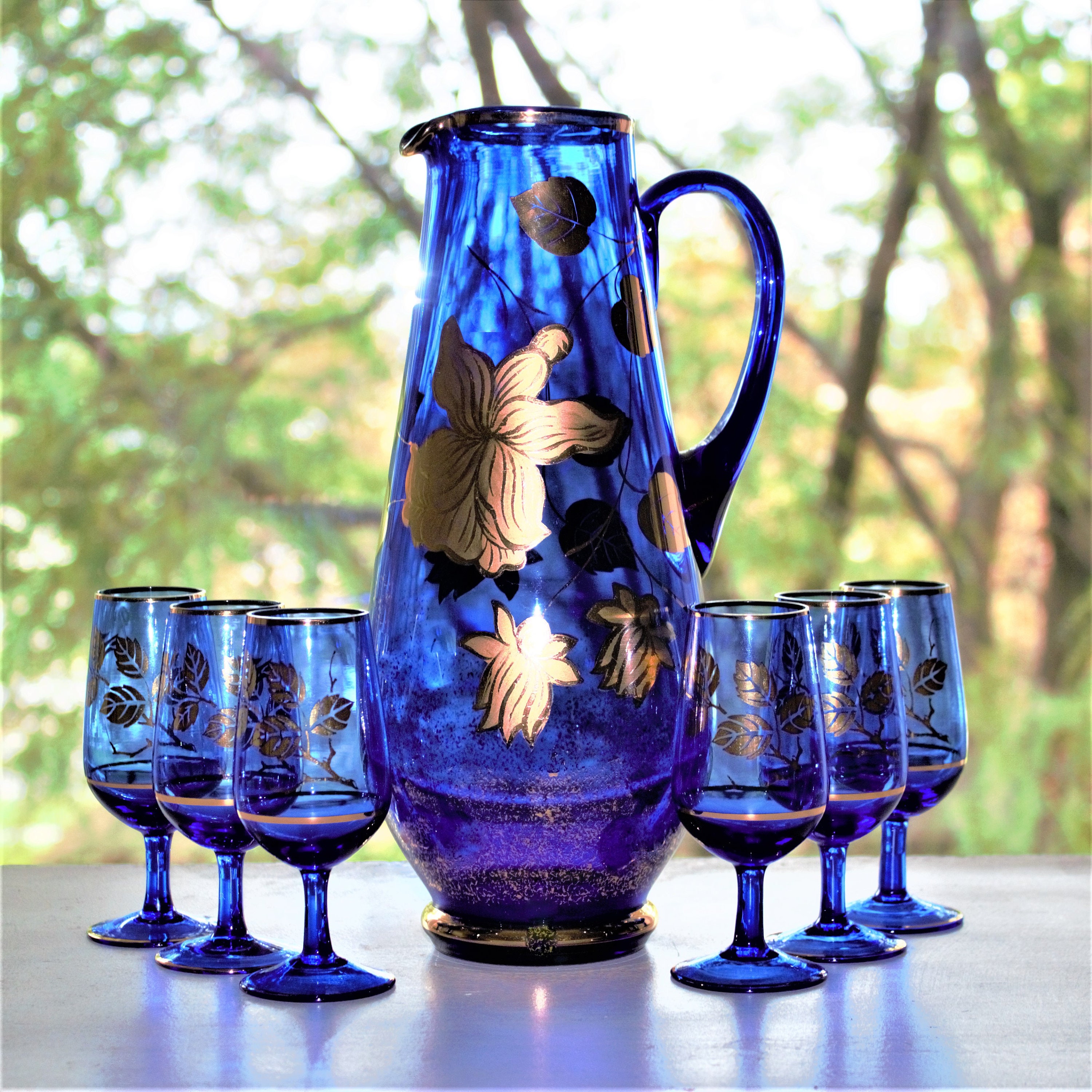 Vintage Cobalt Blue Decanter Set: Gold Leaf Cocktail Glasses, 7 Pc