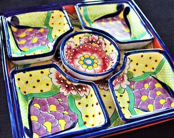Handpainted Talavera Ceramic Platter Set, Colorful Mexican Serving Bowls, 6 Piece