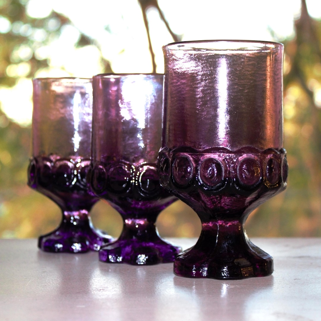 Vintage Amethyst Footed Tumblers - Set of 3 - Retro Barware - Etsy