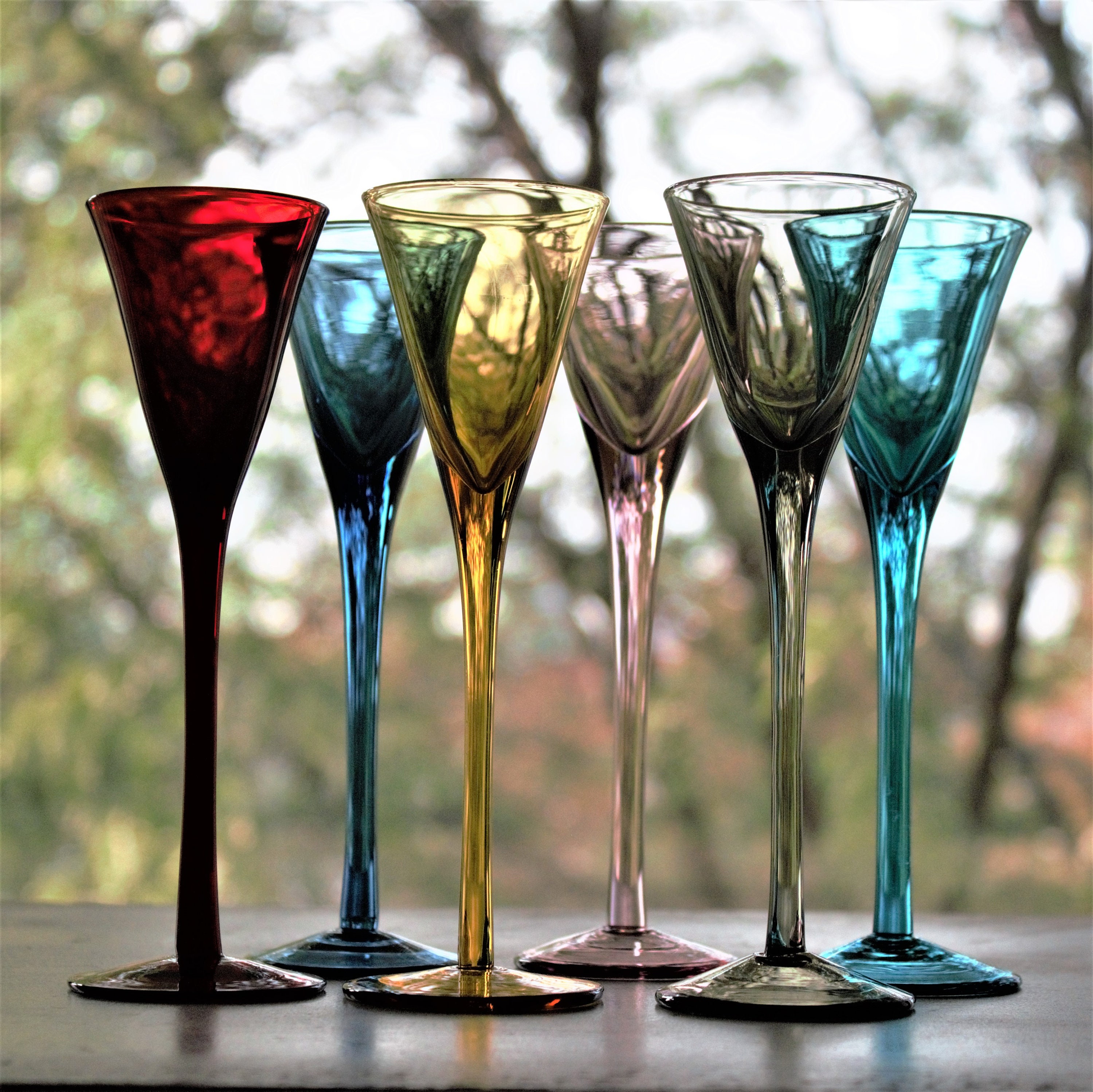 Stemless Cocktail Martini Cordial Glasses Heavy Base Blue Green Bottoms Set  of 6