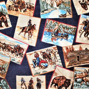 Vintage Western Fabric, Vintage Fabric Wild West Pattern, Early Pioneer, RARE Cowboy Fabric, Early Settler Fabric, Retro Western Fabric
