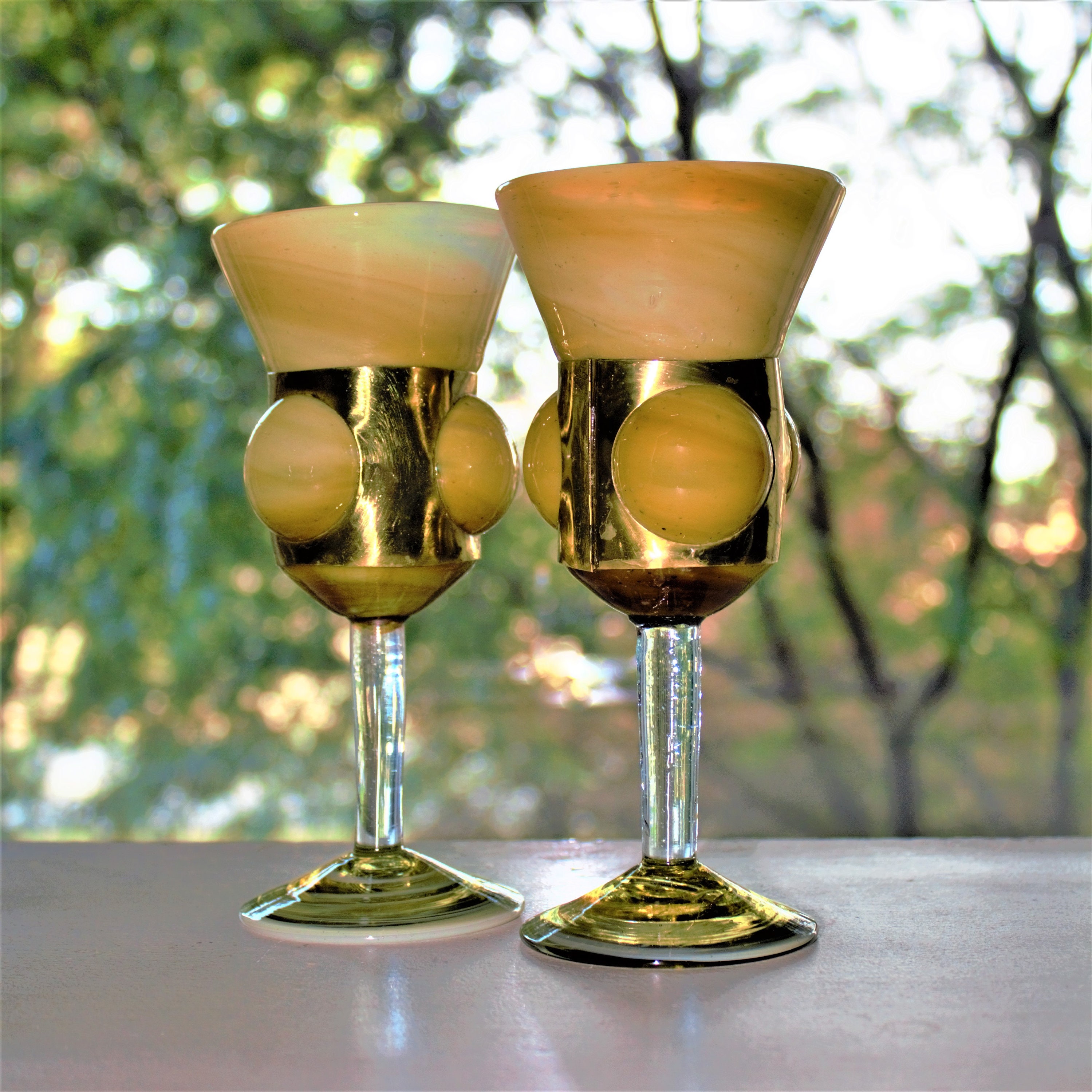 Unique Wine Glasses, 2 Hand Blown Glasses, Glass and Brass Wine Goblet,  Unique Goblet W/ Brass Cutout, One of a Kind Glass, Curated Barware -   Canada