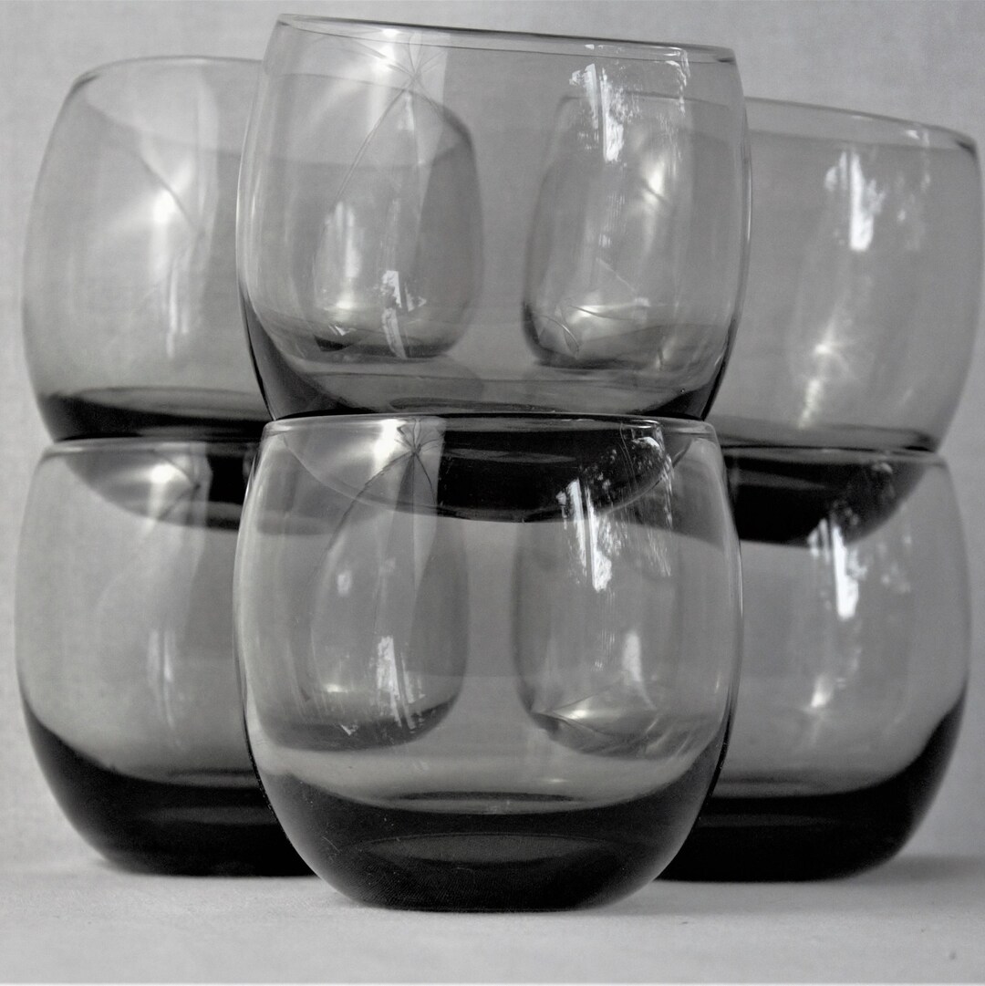 Smoked Black Glasses, 4 Vintage Black Roly Poly Glasses, Smokey Black