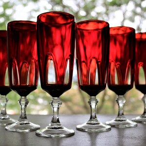 Vintage crystal champagne glasses, 6pc red crystal champagne flutes, red cut out clear, french stemware, hostess gift, vintage wedding gifts