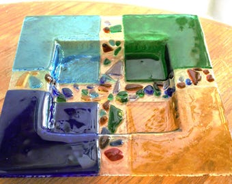 Colorful Fused Glass Serving Plate: Square Appetizer Platter