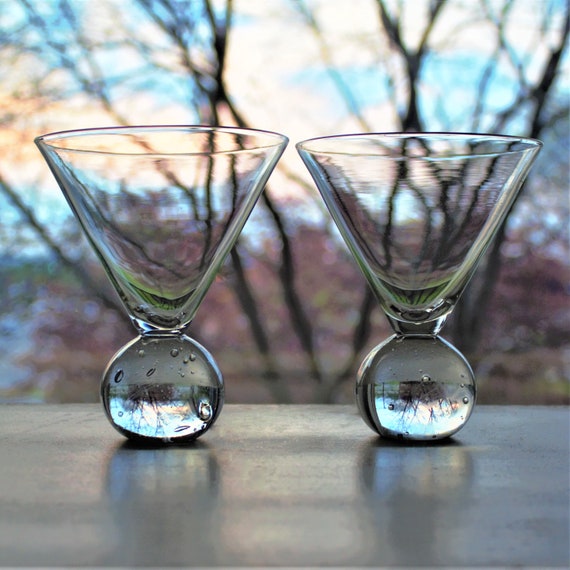 Martini Glass, 2 Cocktail Glasses W/ Round Bubble Base, Ball Base