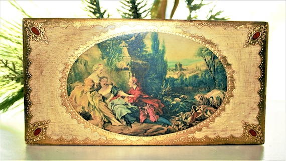 Italian Gilt Wooden Box, Hand Painted Florentine … - image 1