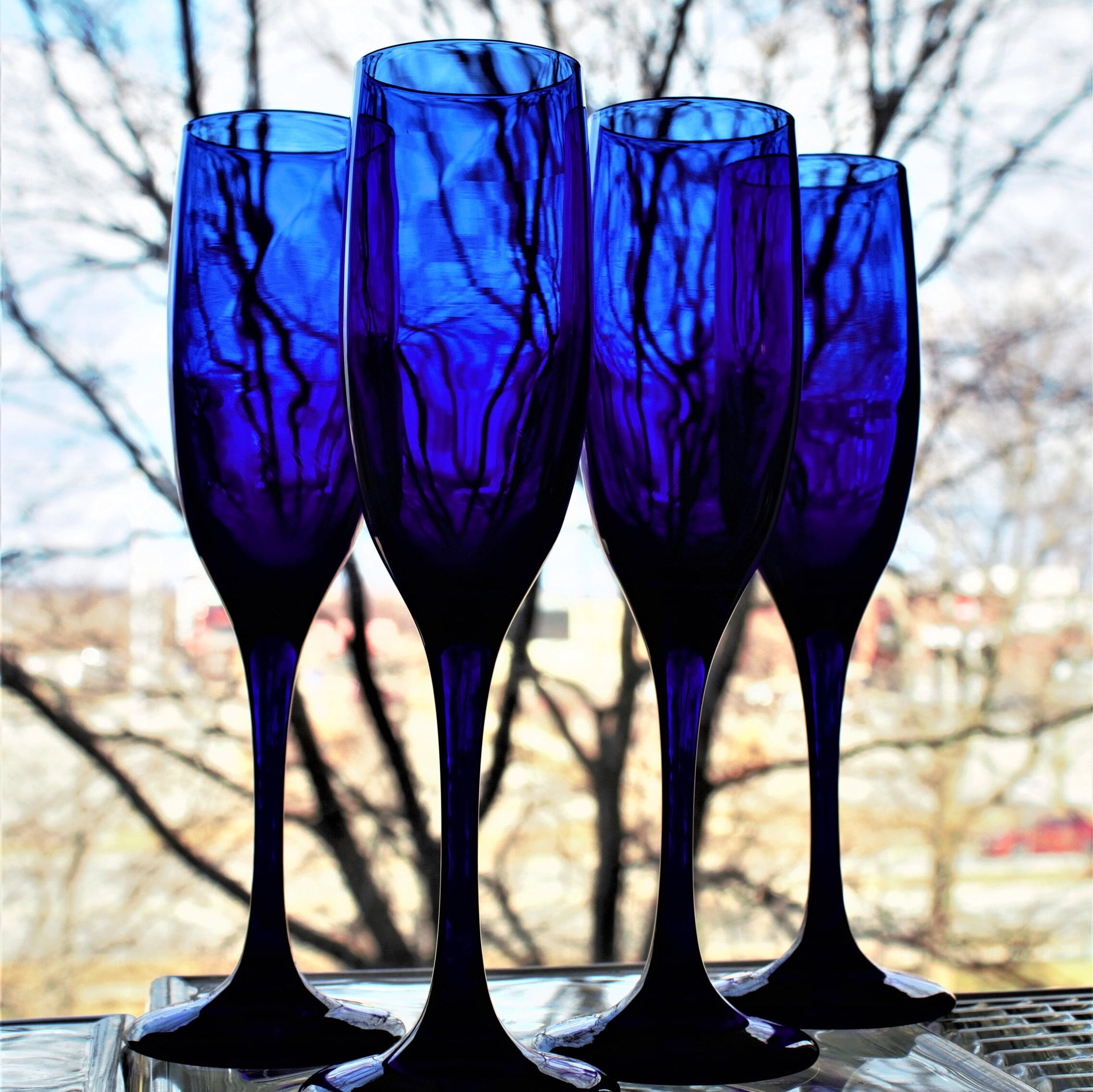 Blue Italian Champagne Flutes, Set of 4