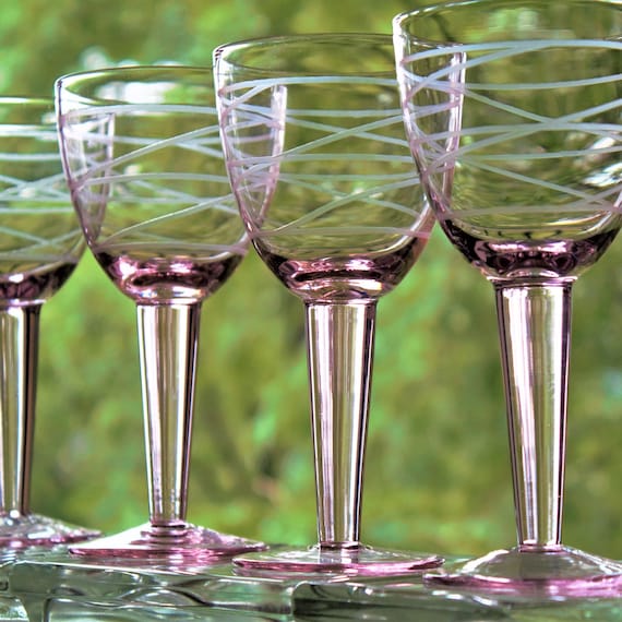 Pink Wine Glasses 4 Etched Pink Glassware Pink Wine Goblets Etsy