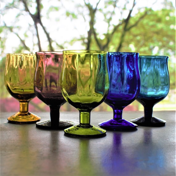 Vintage Italian Cocktail Glasses, Set of 5 Jewel-tone Cognac Glasses, Colorful Glassware, Vintage Colored Glass Set