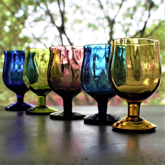Vintage Italian Cocktail Glasses, Set of 5 Jewel-tone Cognac Glasses, Colorful Glassware, Vintage Colored Glass Set