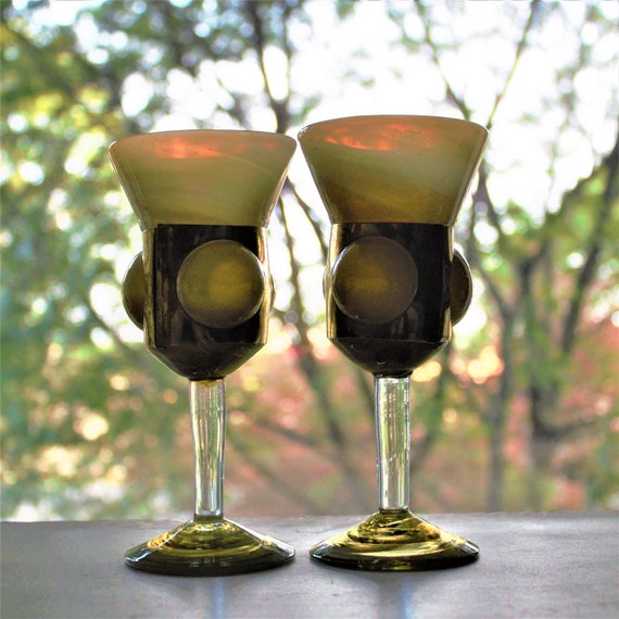 Unique Wine Glasses, 2 Hand Blown Glasses, Glass and Brass Wine Goblet,  Unique Goblet With Brass Cutout, One of a Kind Glass, Christmas Gift -   Hong Kong