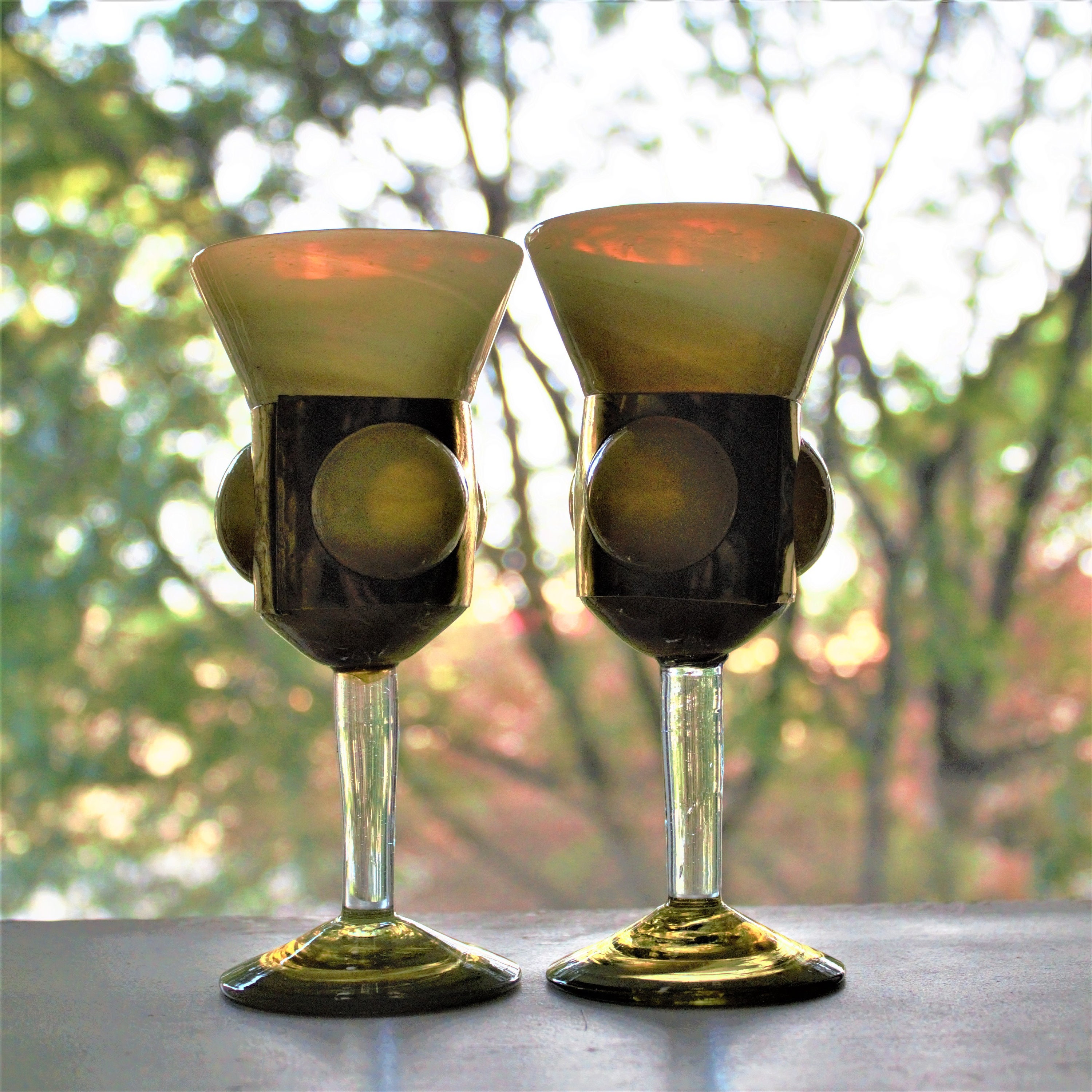 Hand Blown Rare Wine Cups-Straws Footed Lightweight Fragile Glass Drink  Pair