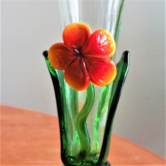 VINTAGE HAND BLOWN ART GLASS FLOWER MURANO STYLE LONG STEM 18” Green Set 2