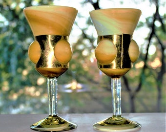 Unique Wine Glasses, 2 Hand Blown Glasses, Glass and Brass Wine