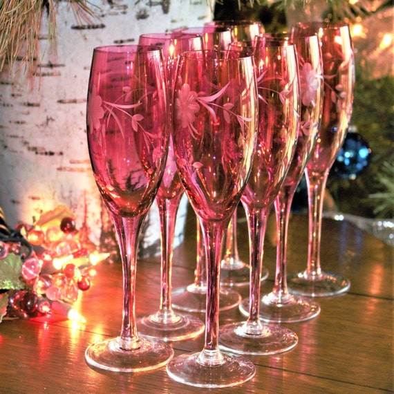 Pink Champagne Glasses, 4 Pink Toasting Glasses, Pink Glass, Pink