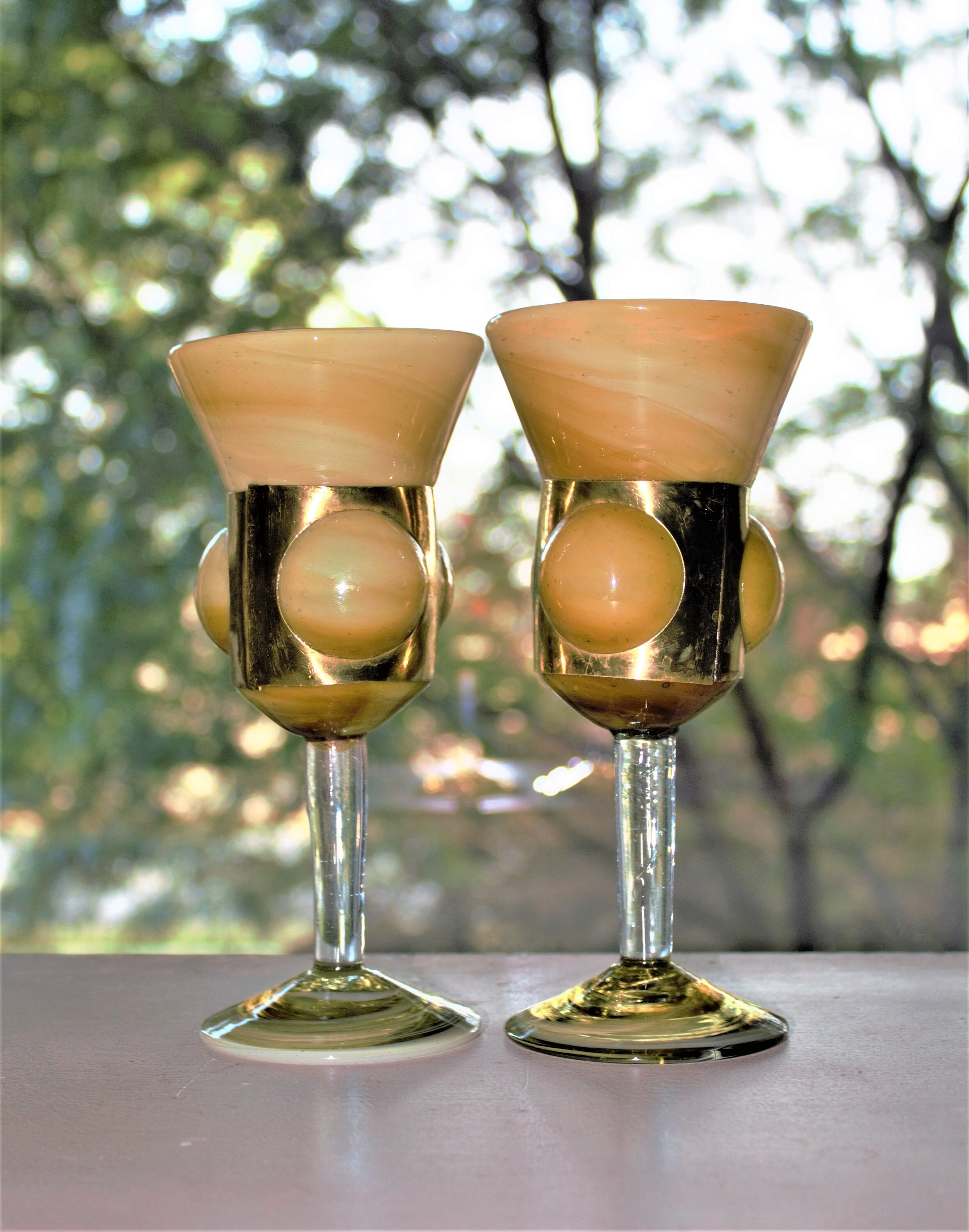 Unique Wine Glasses, 2 Hand Blown Glasses, Glass and Brass Wine Goblet, Unique  Goblet With Brass Cutout, One of a Kind Glass, Christmas Gift 