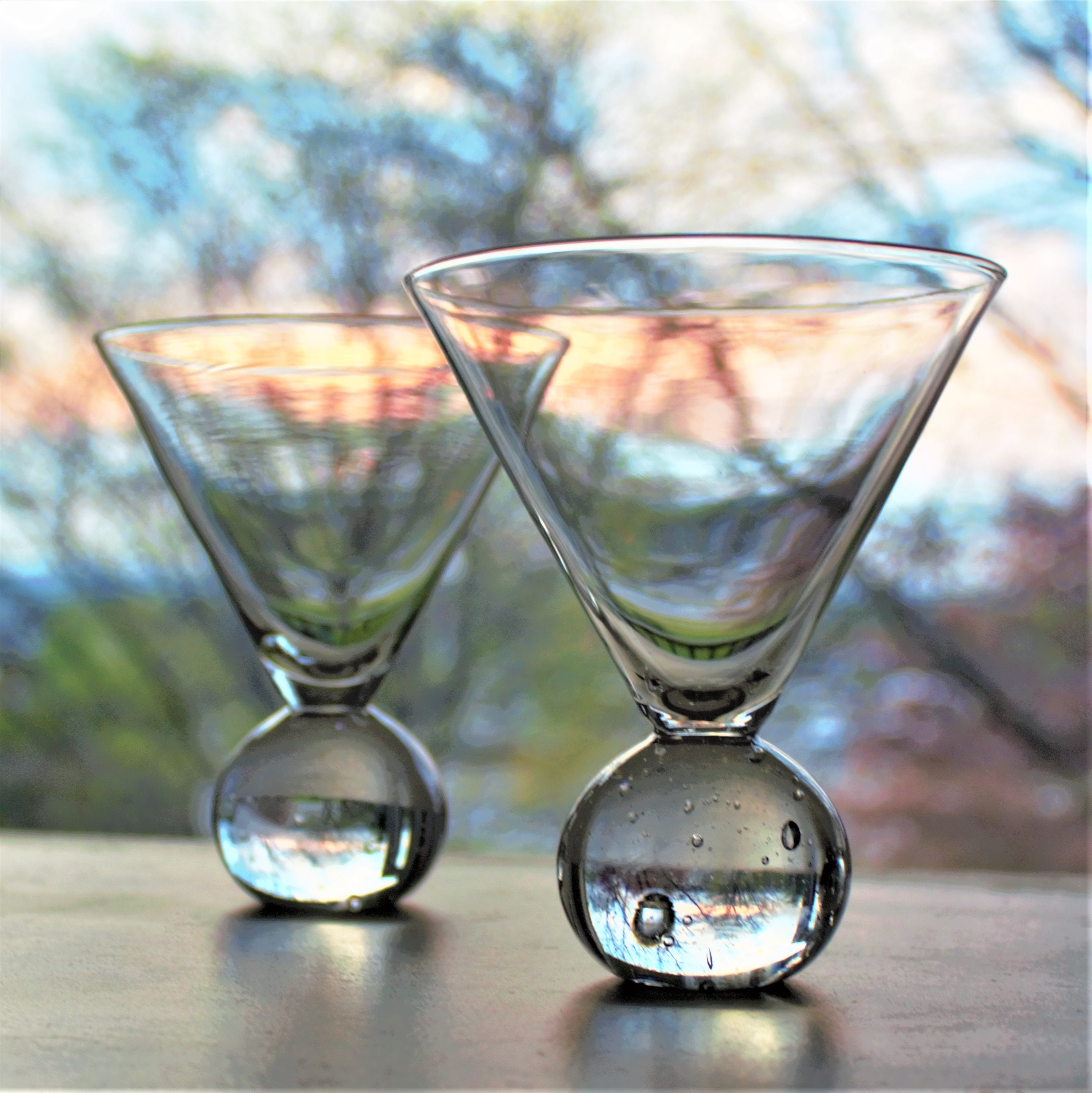 Martini Glass, 2 Cocktail Glasses W/ Round Bubble Base, Ball Base