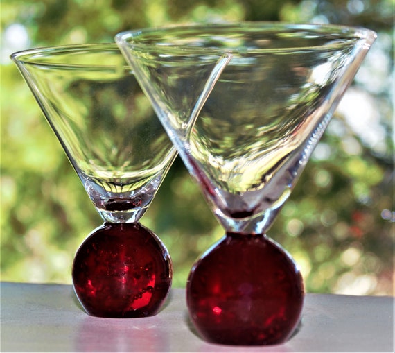 Red Glass 2 Handmade Martini Glasses Round Bubble Base - Etsy