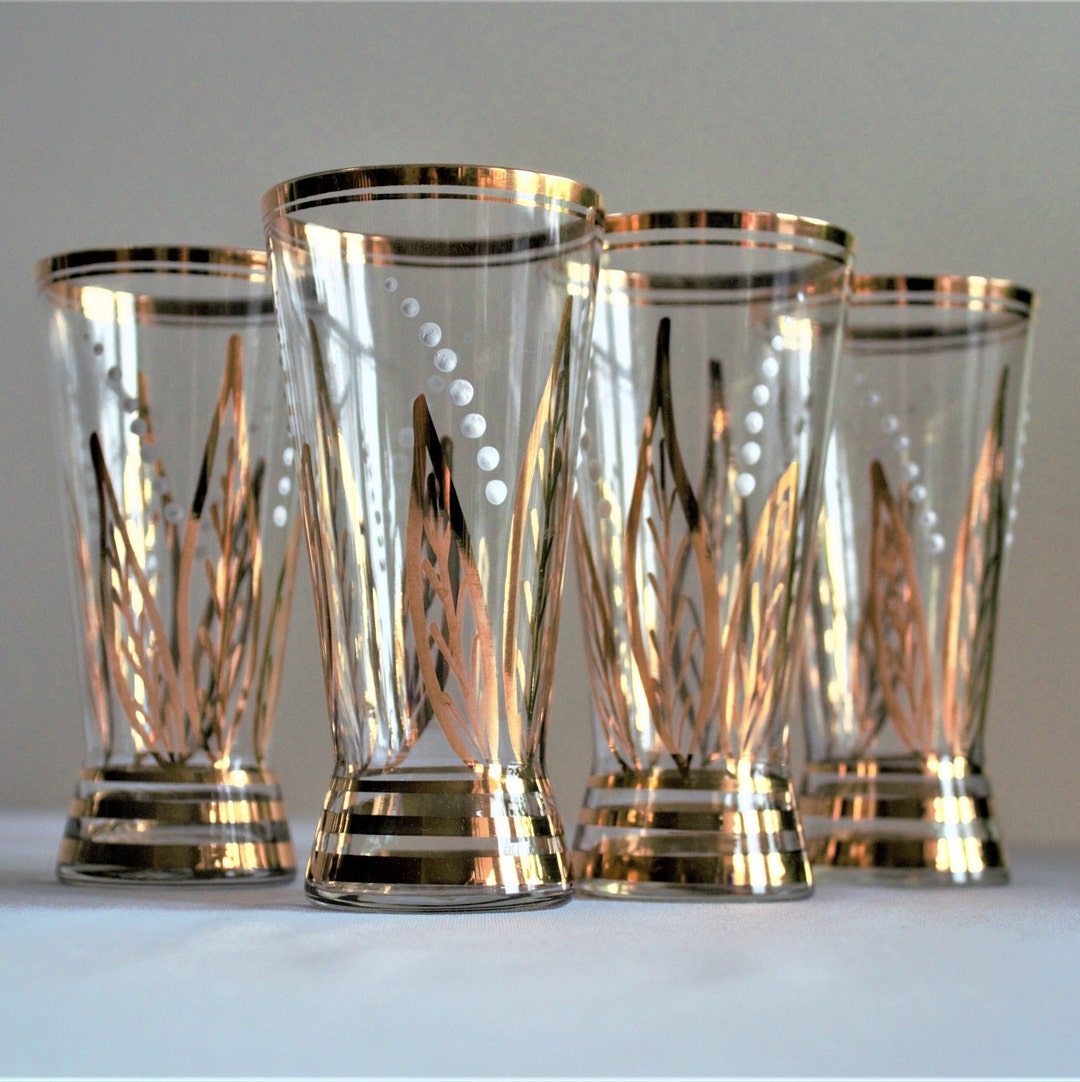 Gold Tumblers, 4 Vintage Gold Embossed Glasses, Vintage Juice Glass, Rare Gold Glassware, Gold