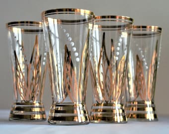 Gold Tumblers, 4 Vintage Gold Embossed Glasses, Vintage Juice Glass, Rare Gold Glassware, Gold and White Tumbler, Embossed Glass, Valentine