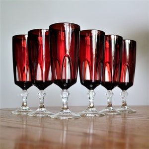 Vintage Glass Champagne Glasses, 6Pc Red Crystal Champagne Flutes, Red Glassware, Red Cut to Clear Stemware, Vintage Crystal Toasting Glass
