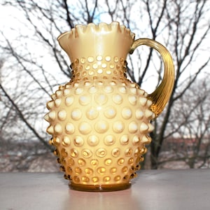 Vintage Fenton Pitcher, Rare Amber Glass Hobnail Pitcher, Amber Pitcher, Rare Glass Pitcher, Crimpled Edge Pitcher, Rare Fenton, Mothers Day