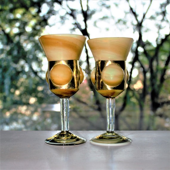 Unique Wine Glasses, 2 Hand Blown Glasses, Glass and Brass Wine